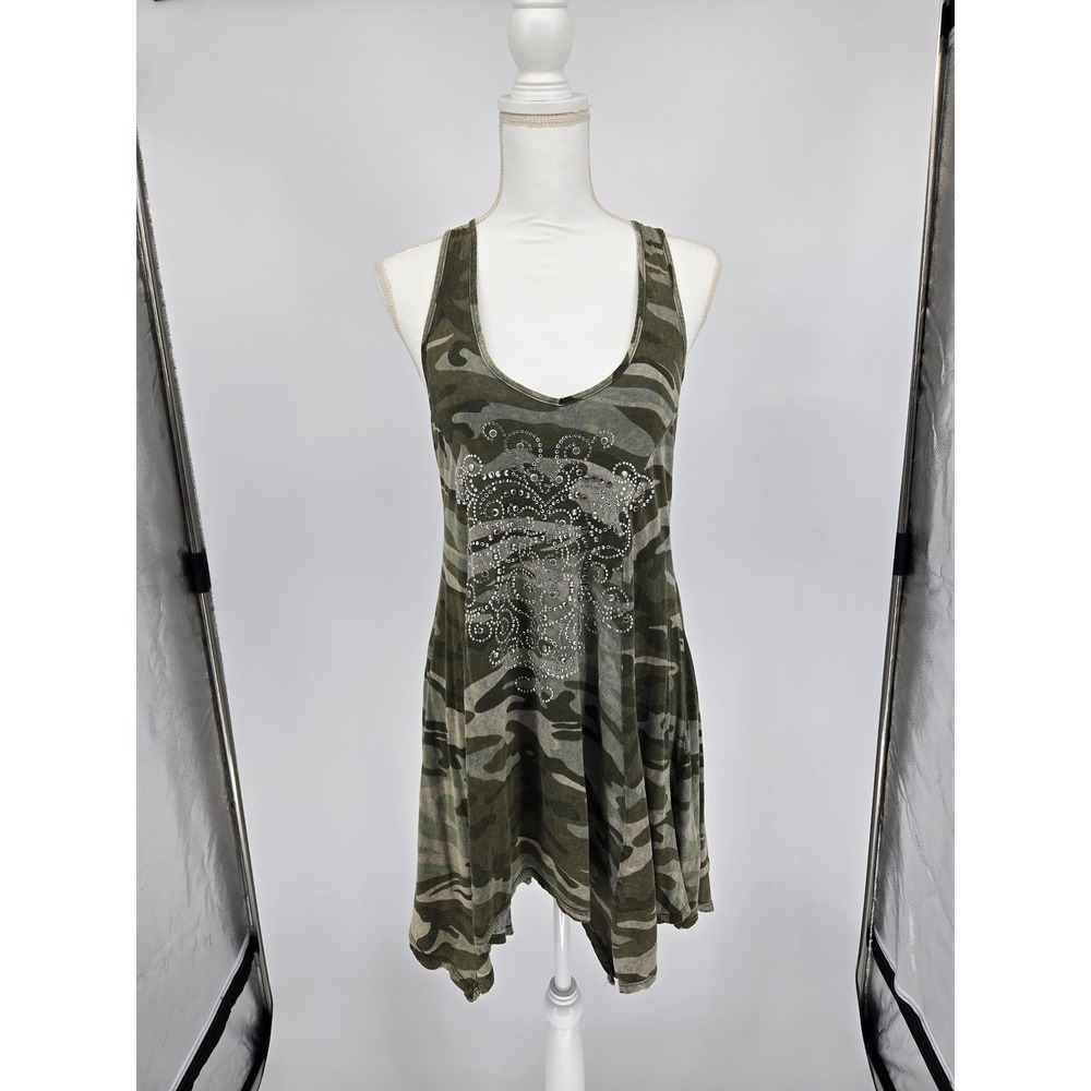 Otomix Womens Camo Rhinestone Handkerchief Hem Racerback Tank Dress Green Size M